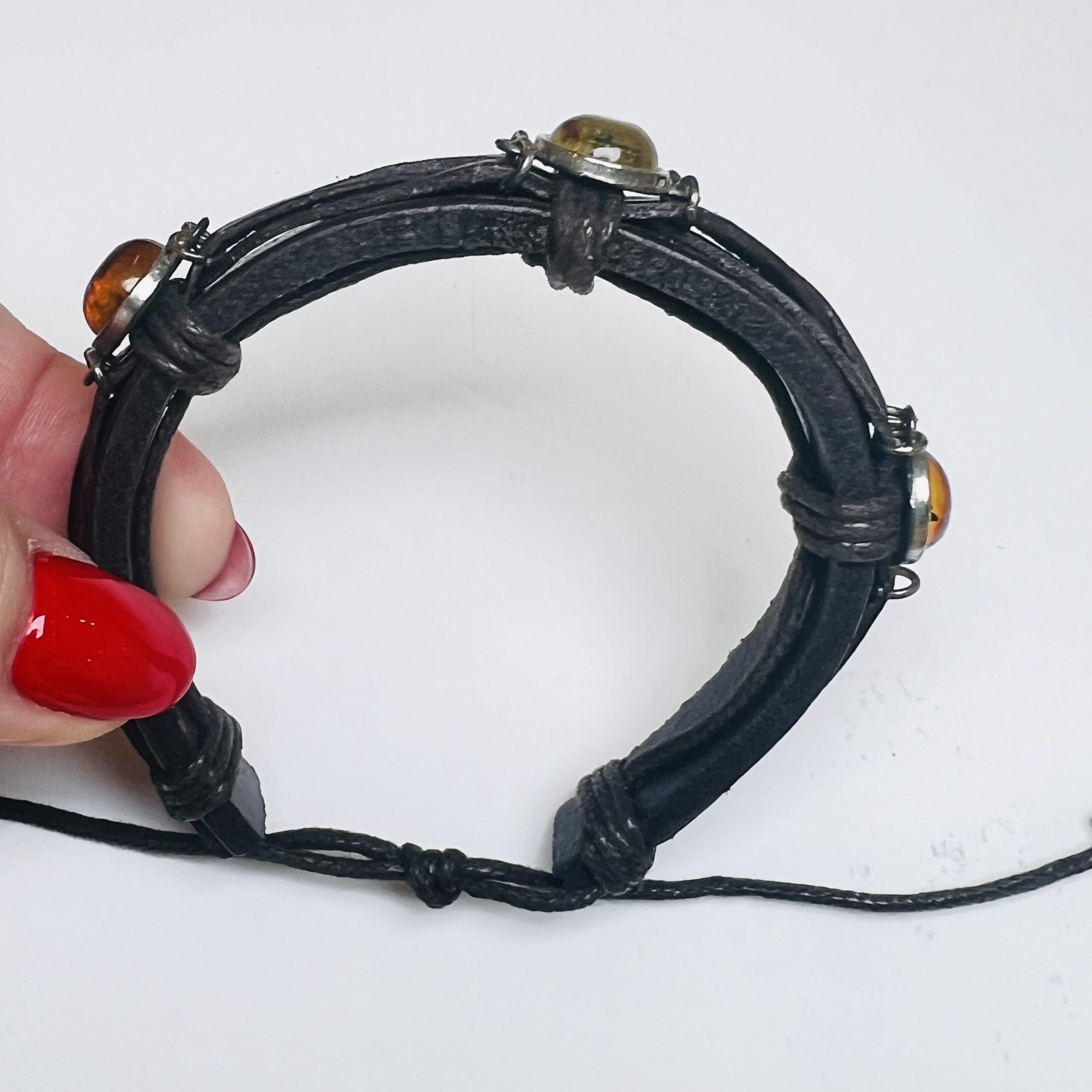 Bracelet en cuir fait main aux États-Unis avec ambre, cadeau pour lui KIZIMA