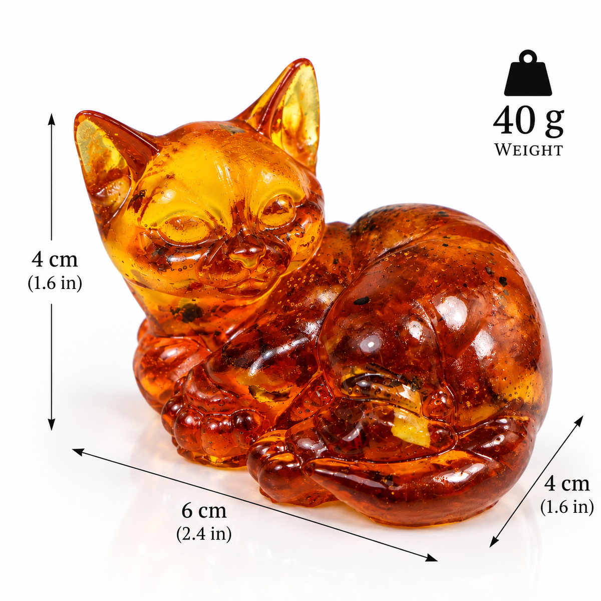Made in USA Natural Baltic Amber Curled Cat Figurine by KIZIMA® — handmade amber cat sculpture, angled view