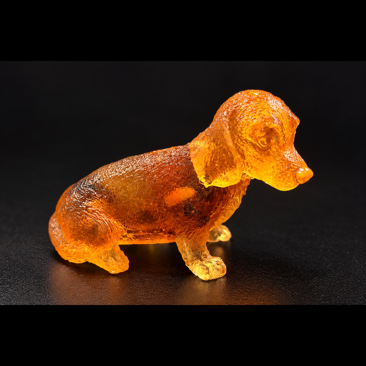 Made in USA natural Baltic amber Dachshund figurine, sitting smooth-coat wiener dog glowing honey-cognac on black studio background — KIZIMA® Brooklyn NY