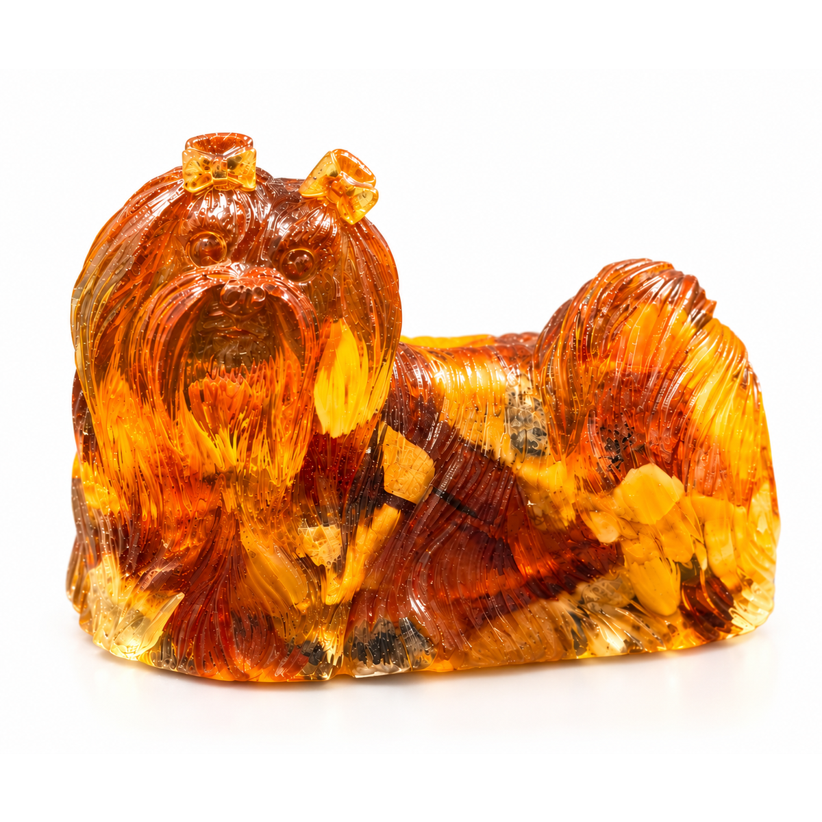 Made in USA natural Baltic amber standing Yorkshire Terrier figurine on white background — show-coat Yorkie with bow in translucent honey amber with natural inclusions, KIZIMA® Brooklyn NY