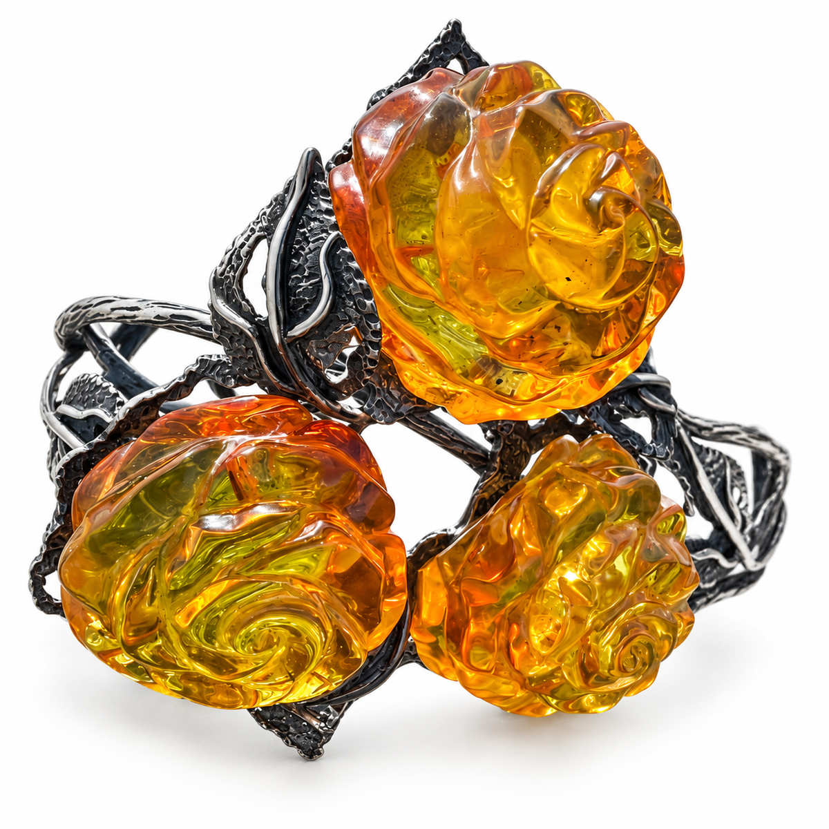 KIZIMA 3E30000q67.1 cuff with three carved honey amber roses and silver-tone leaves isolated against pure white