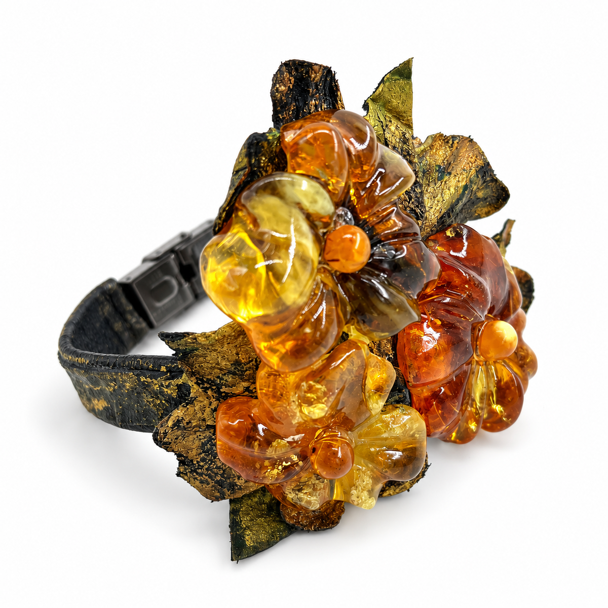 KIZIMA carved multicolor amber flower and dark leather bracelet on a pure white background.
