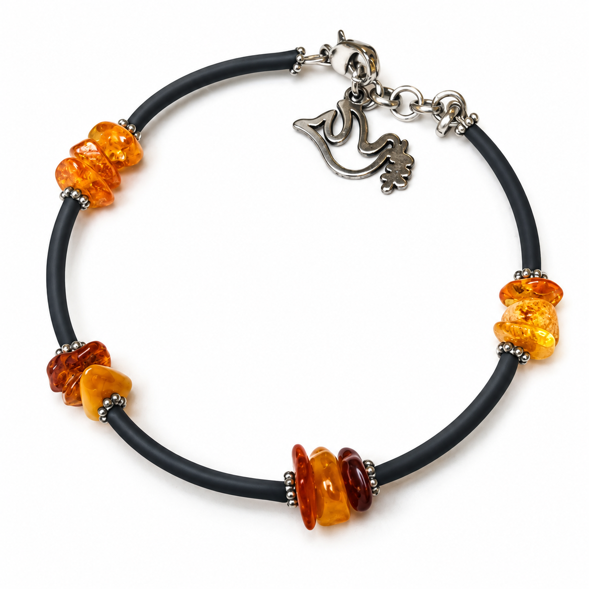 KIZIMA 3G0075q5 amber chip bracelet with black cord and silver dove charm on a pure white background