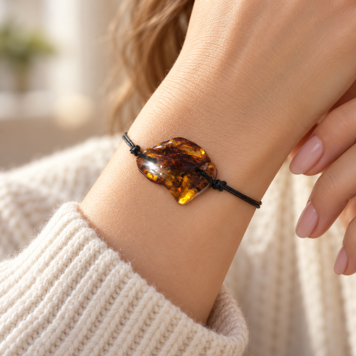 Asymmetrical orange-cognac amber of KIZIMA 3G0100q2.32 worn on a woman's wrist