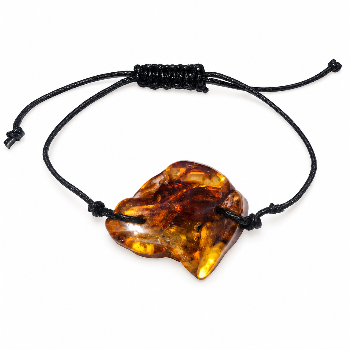 KIZIMA 3G0100q2.32 natural amber slab with thin black adjustable cord isolated on white