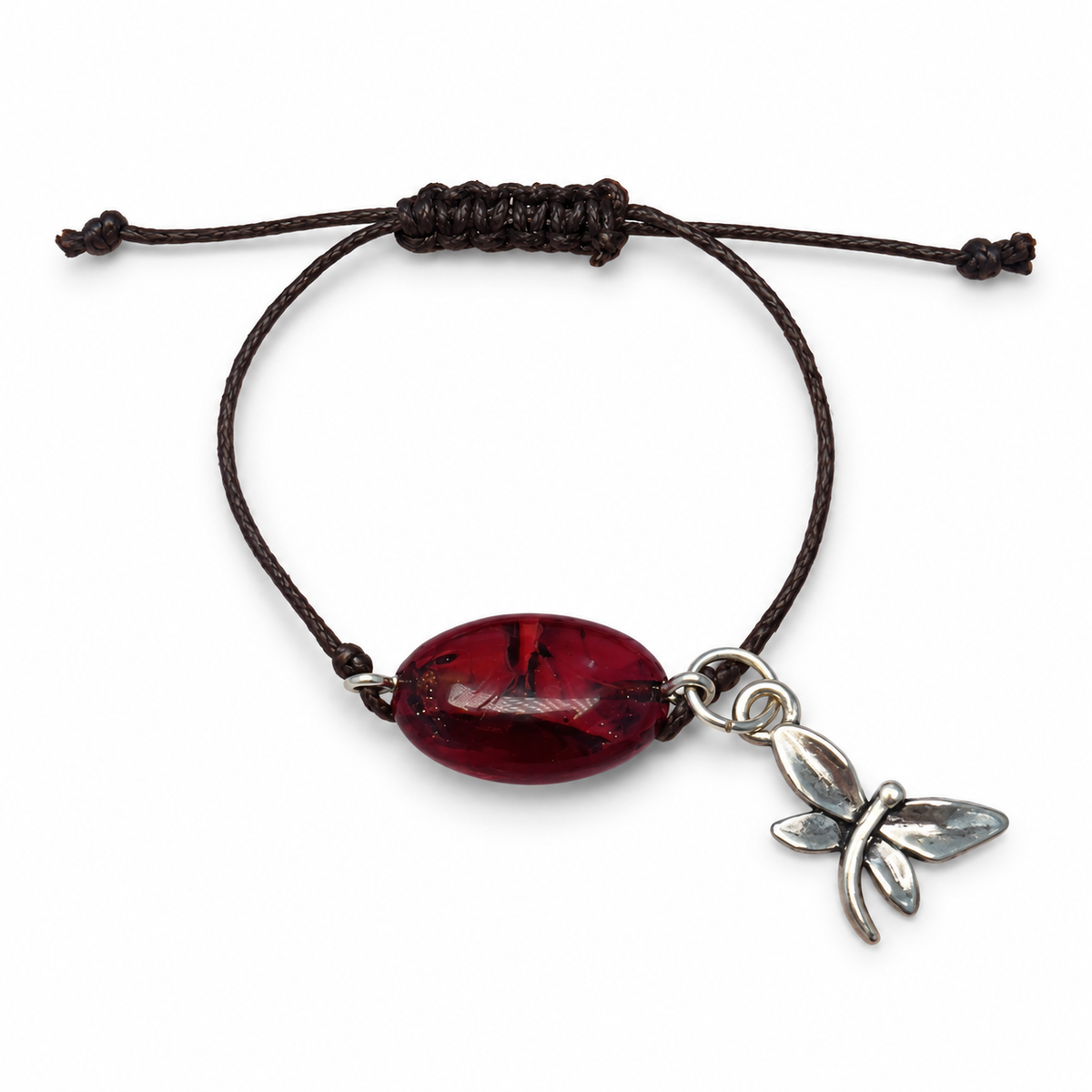 KIZIMA 3G0100q2.69 dark cherry oval amber cord bracelet with silver-tone dragonfly charm on pure white
