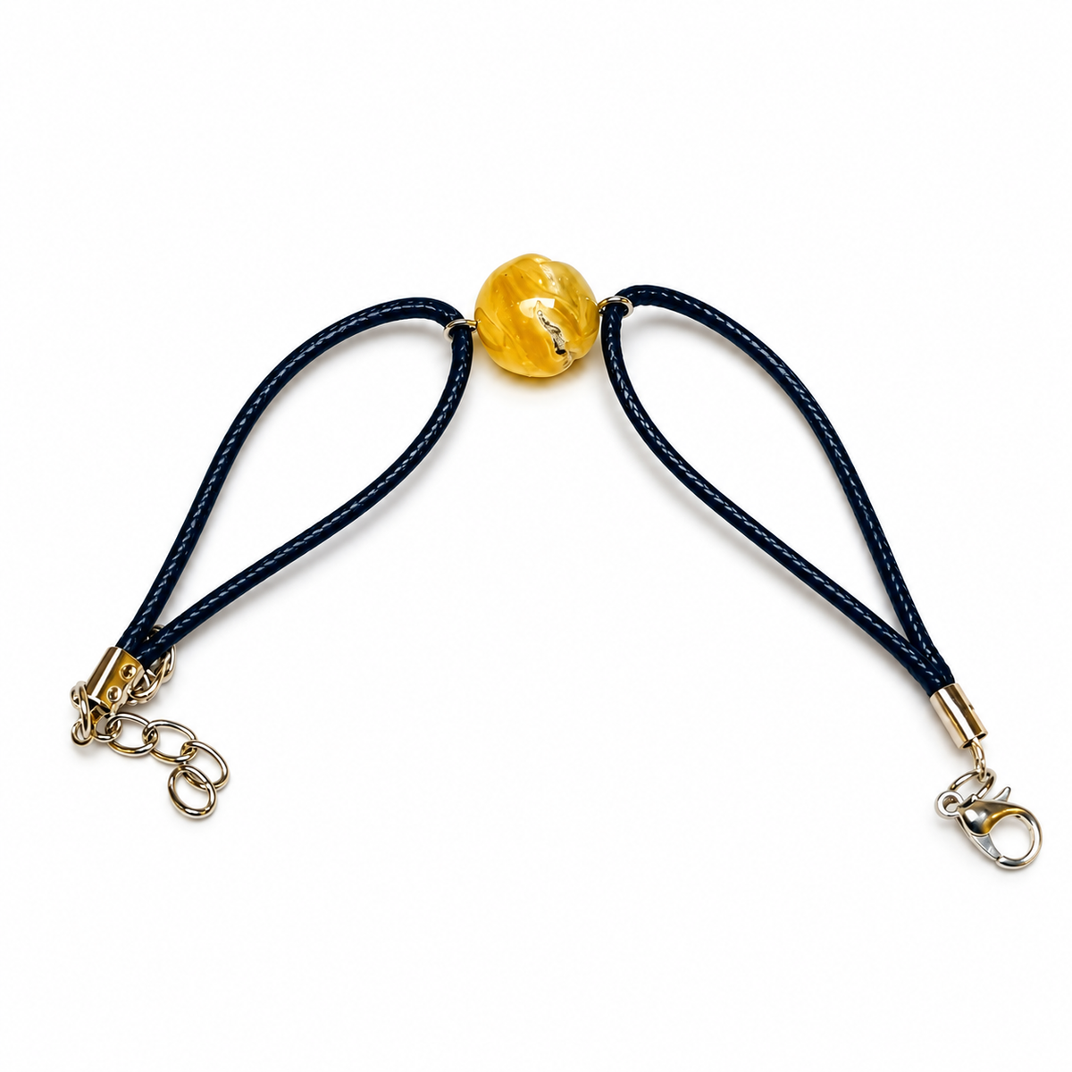 KIZIMA 3G0100q3.47 yellow amber single-stone bracelet on dark navy cord on a pure white background