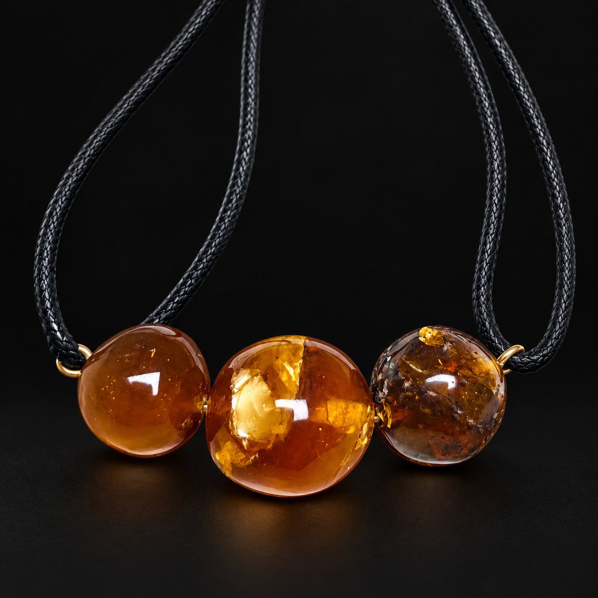 KIZIMA 3G0100q5.53 cognac and honey amber three-bead bracelet with doubled black cord, black-studio front detail