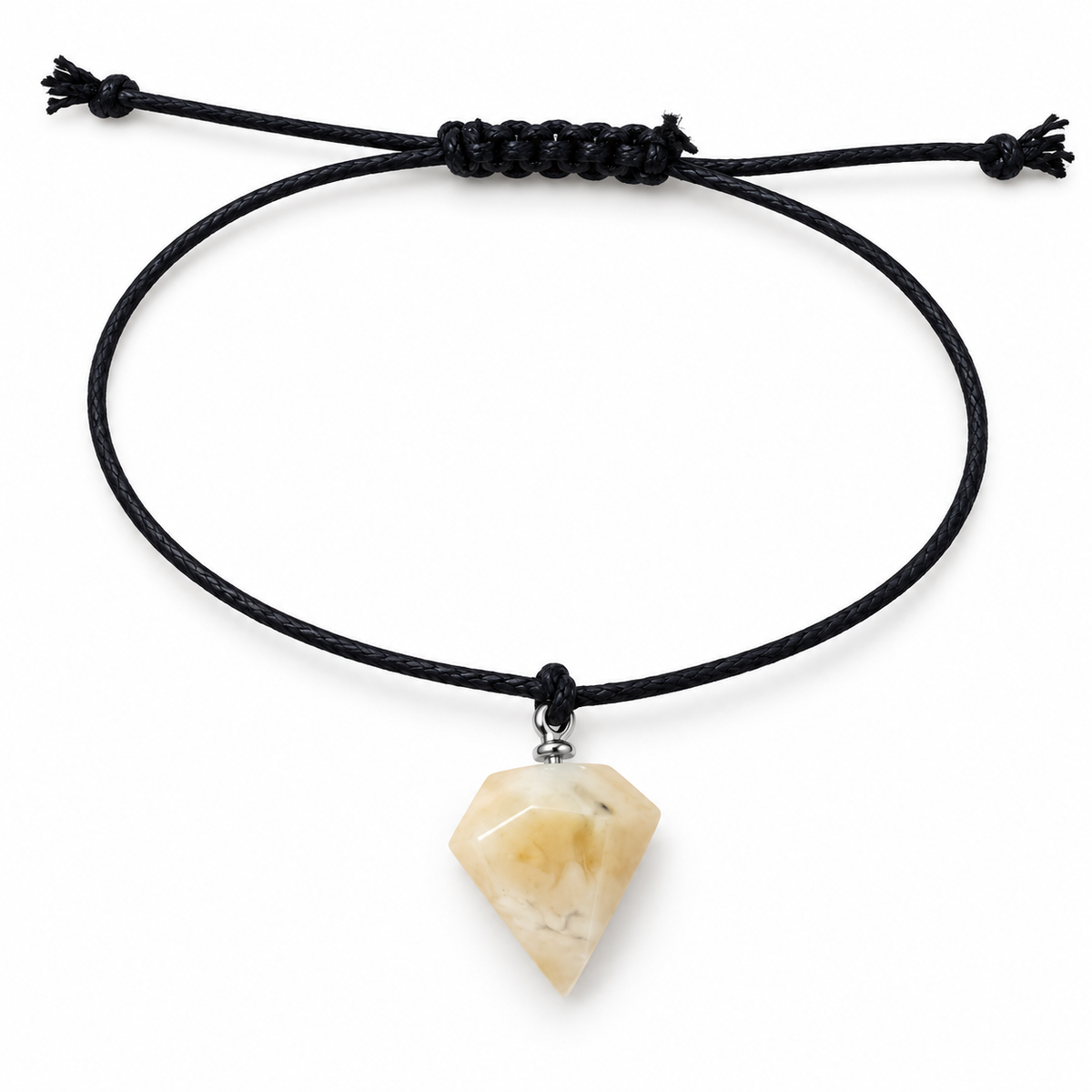 KIZIMA 3G0125q0.80 cream amber pointed pendant bracelet on black cord on a pure white background