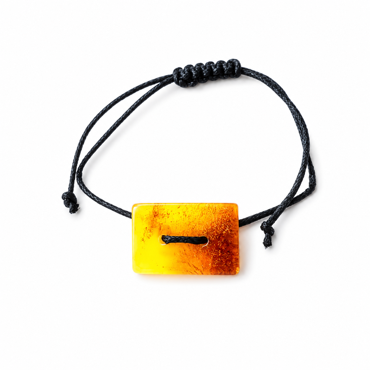 KIZIMA 3G0125q1.81 amber button bracelet with black adjustable knots on a pure white background