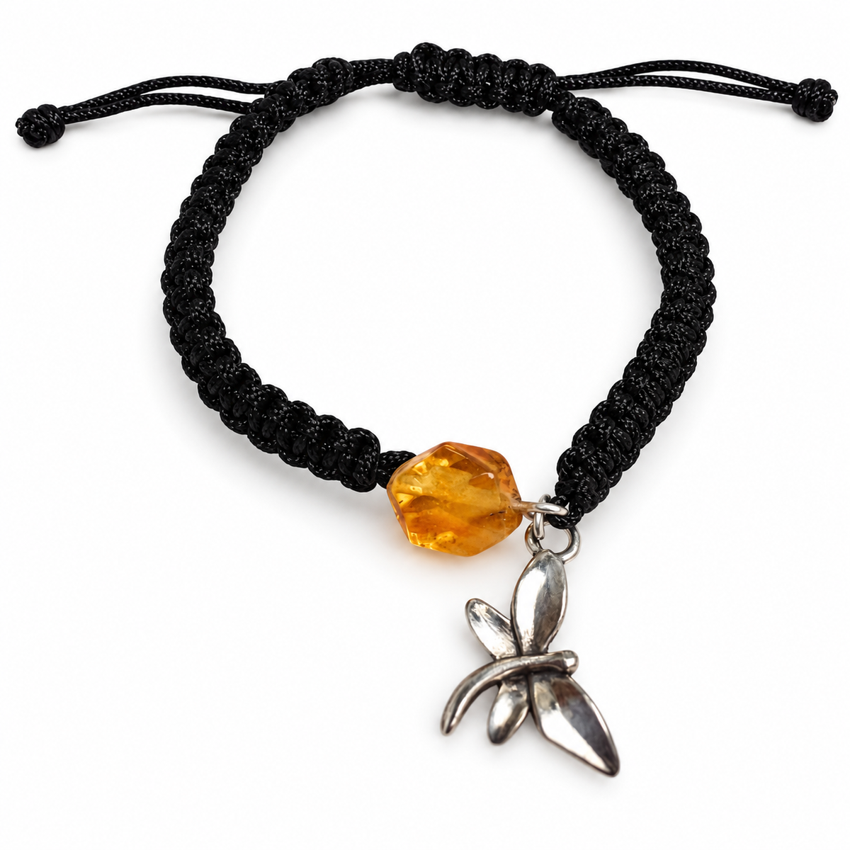 KIZIMA 3G0125q2.76-1 honey amber black macrame bracelet with silver-tone dragonfly charm on pure white