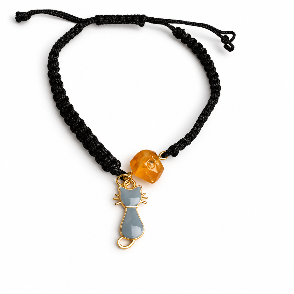 KIZIMA honey amber bead and gray cat charm black cord bracelet on a pure white background.