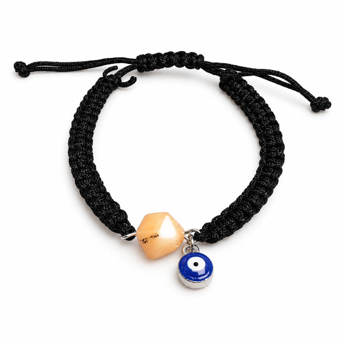 KIZIMA 3G0125q2.76-2 pale peach amber black macrame bracelet with blue evil-eye charm on pure white