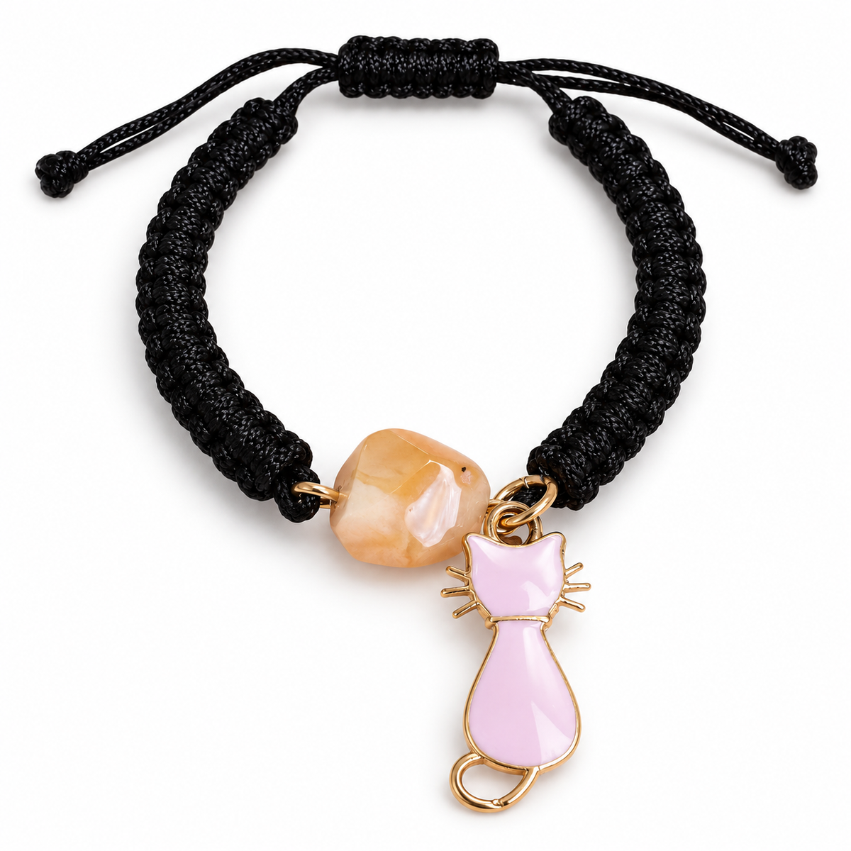 KIZIMA 3G0125q2.76-3 pale peach amber black macrame bracelet with pink cat charm on a pure white background