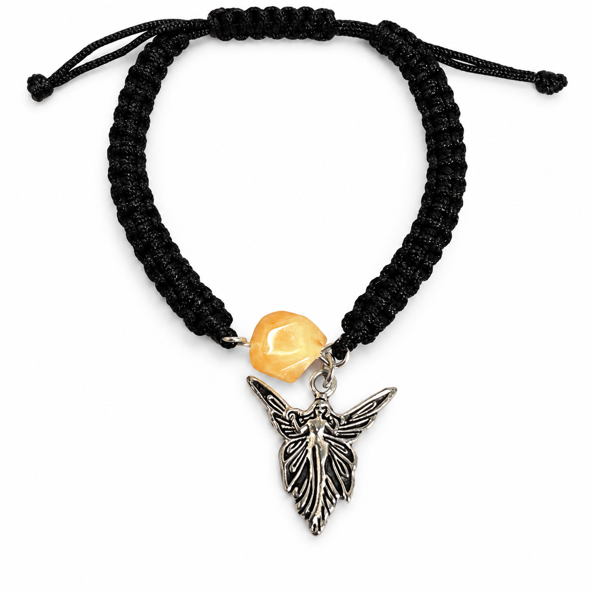 Black macrame bracelet with one creamy amber stone and a detailed winged fairy charm on white