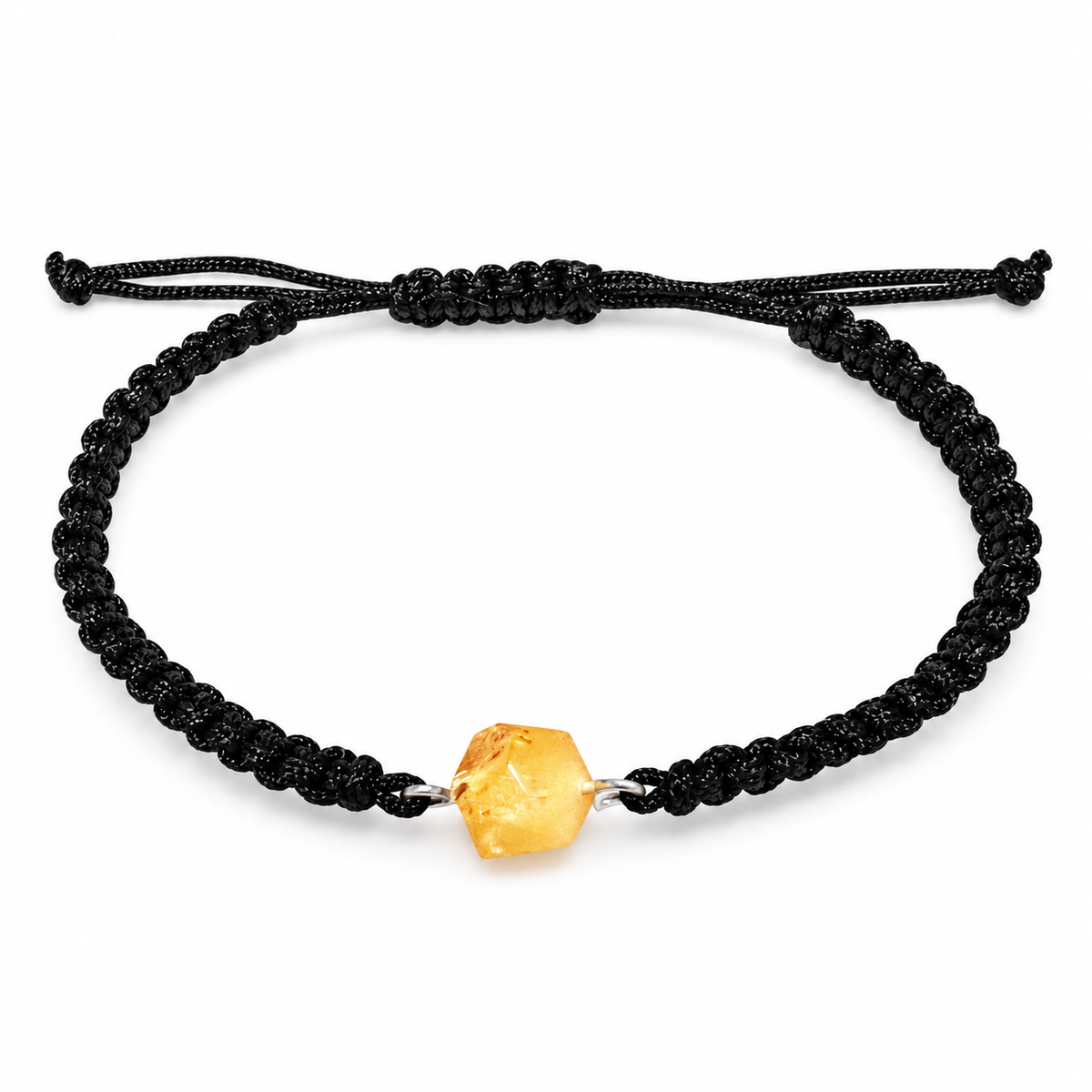 Minimalist single amber stone with silver-tone eye-pin links and black adjustable macrame cord on white