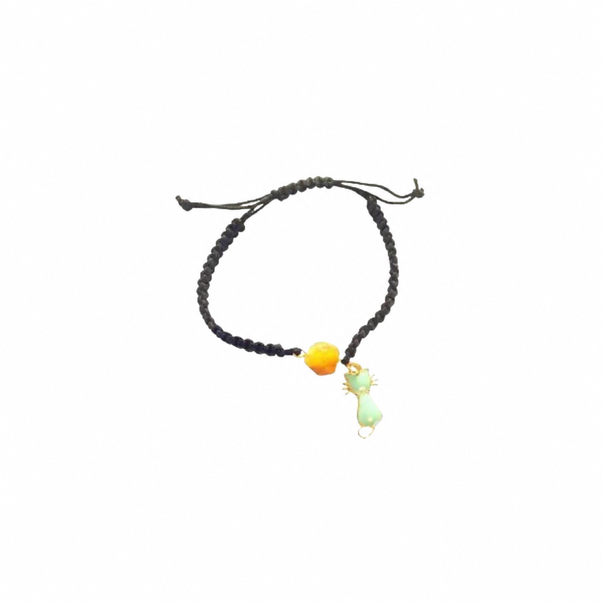 KIZIMA 3G0125q2.76-9 black cord bracelet with yellow amber bead and pale green cat pendant on white background