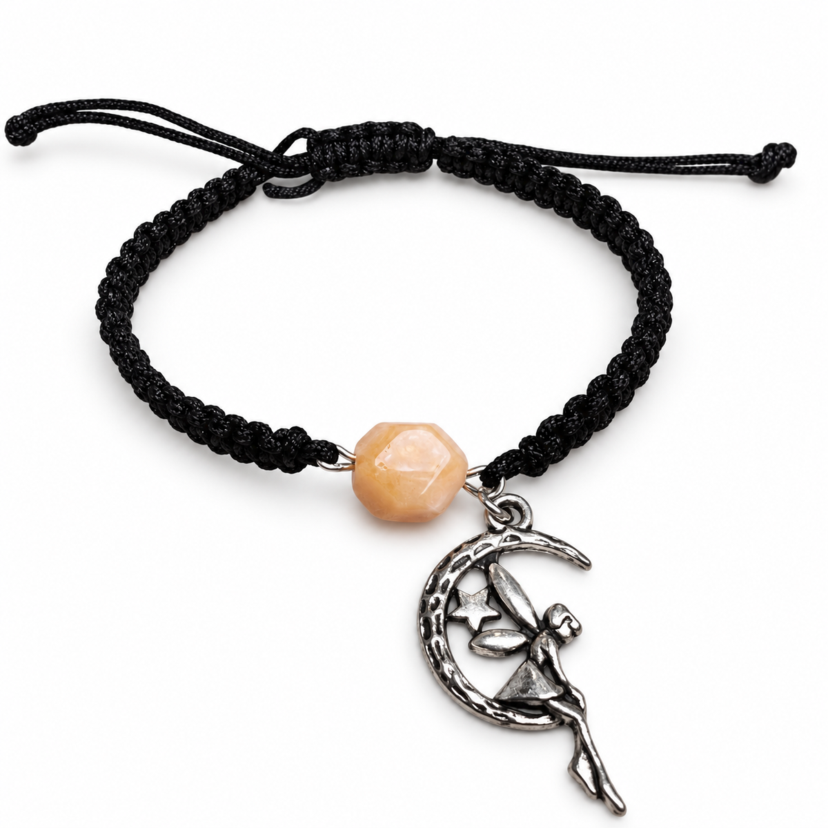KIZIMA creamy amber bead and silver-tone moon fairy bracelet with black macrame on a pure white background