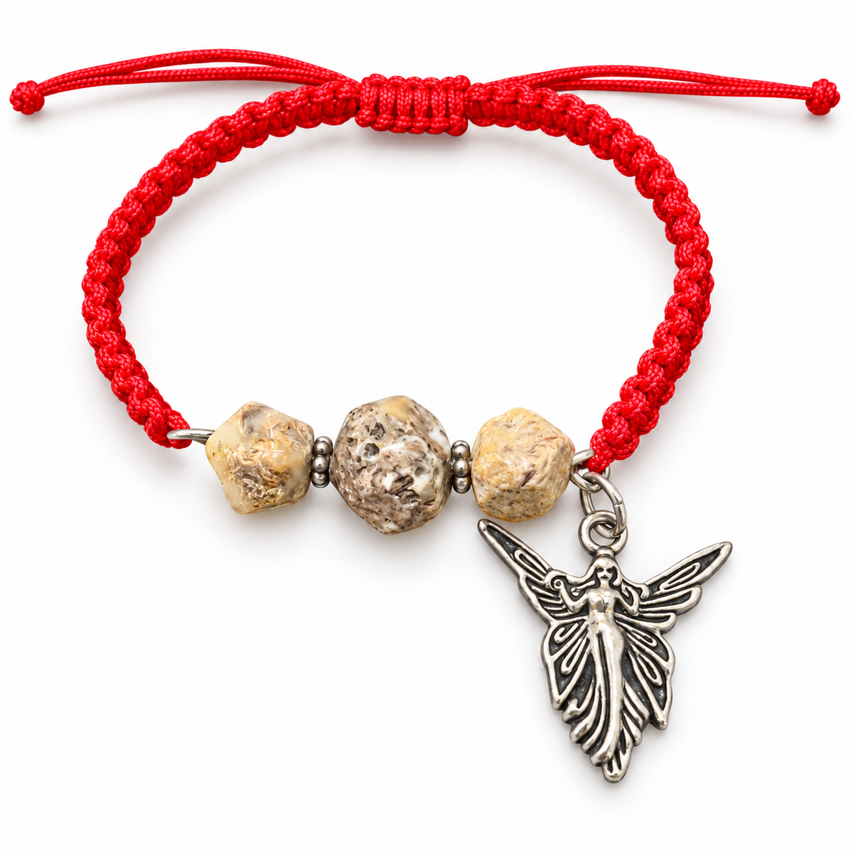 Earthy amber and red macrame bracelet with a silver-colored winged angel pendant, isolated on white.
