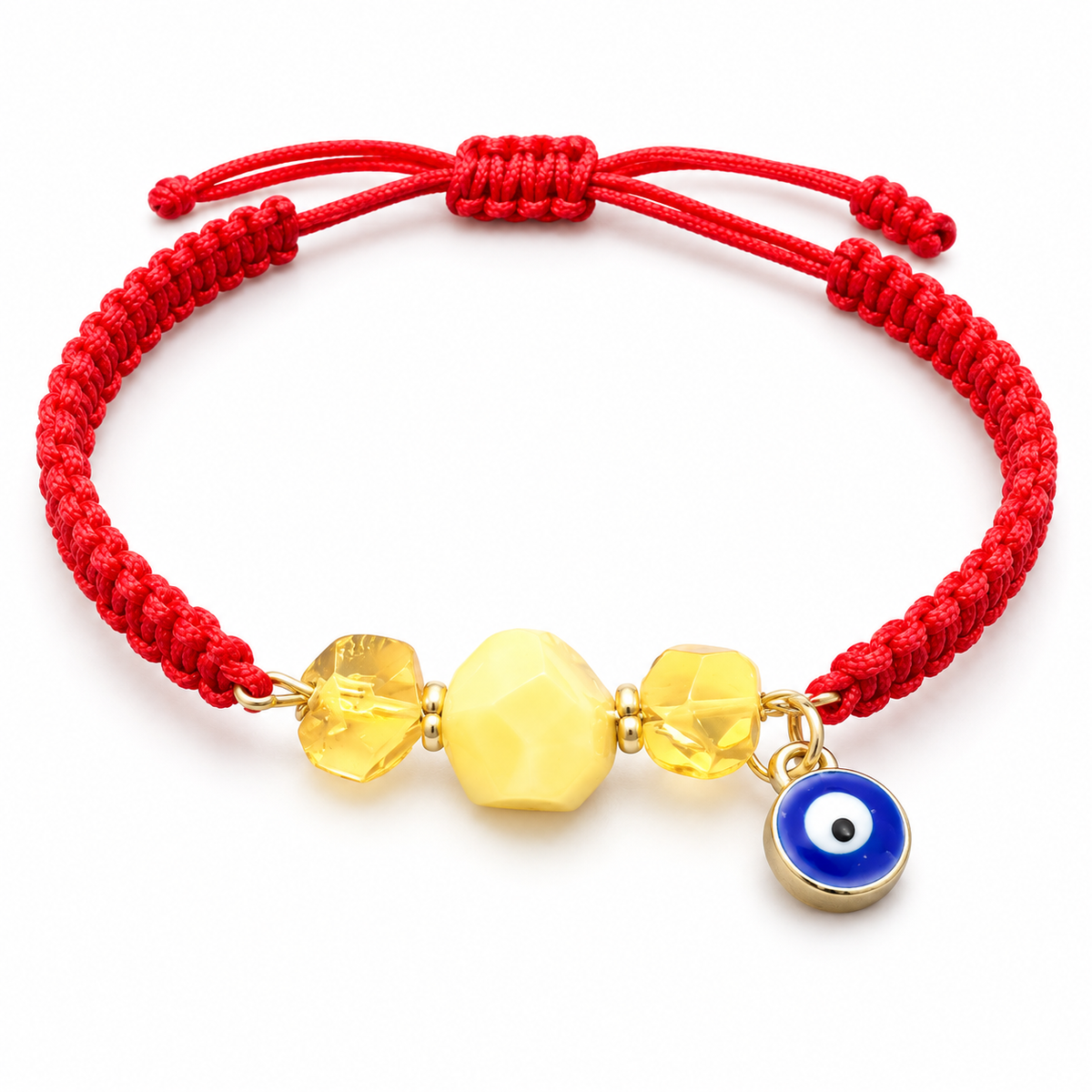 KIZIMA 3G0125q2.81-7 three-bead yellow and honey amber red macrame bracelet with blue evil-eye charm on a pure white background