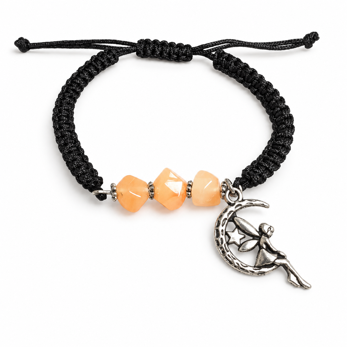 KIZIMA three peach amber stones and silver-tone moon fairy charm on black macrame bracelet against pure white
