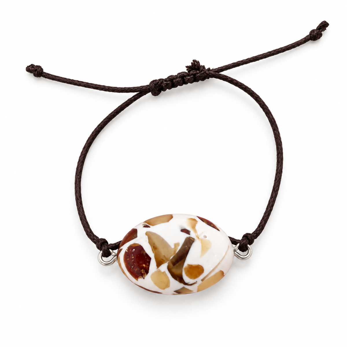 KIZIMA 3G0125q3.30 bracelet showing an oval mosaic-pattern centerpiece and adjustable dark cord on white