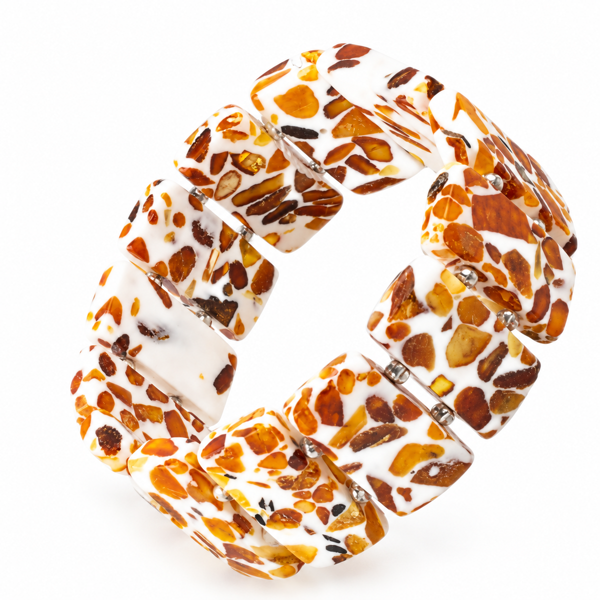 KIZIMA wide white and amber mosaic panel bracelet with paired silver-colored spacers on a pure white background