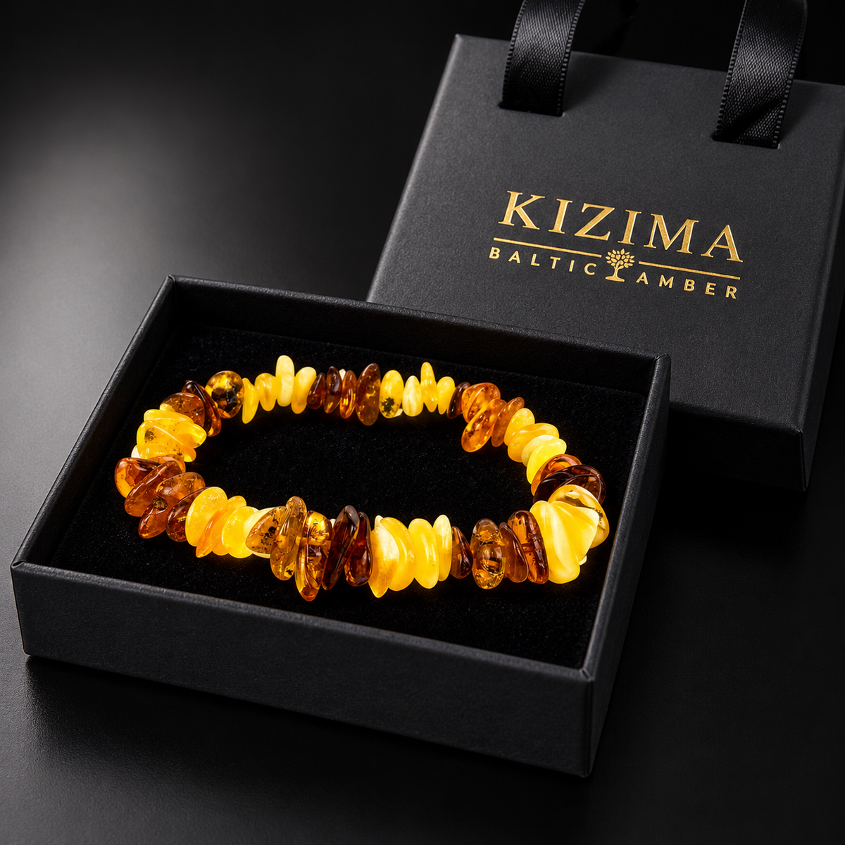 KIZIMA 3K0057q4.80NR17.1 lemon-yellow and cognac amber chip elastic bracelet in the KIZIMA black velvet gift box