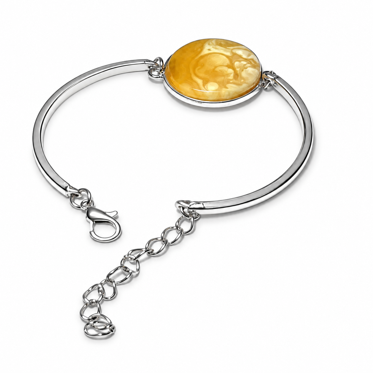 KIZIMA round marbled yellow amber cabochon in silver-tone semi-rigid bracelet against a pure white background