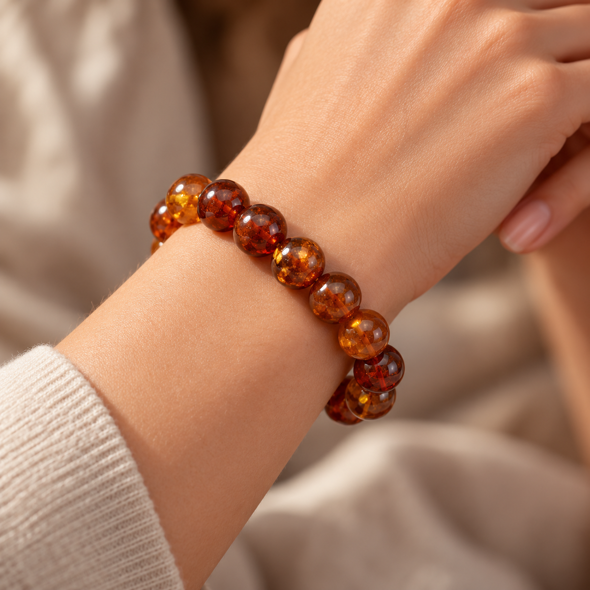 KIZIMA 3K0720q20.56.1 fourteen-bead cognac Baltic amber stretch bracelet worn on a young adult woman's wrist.
