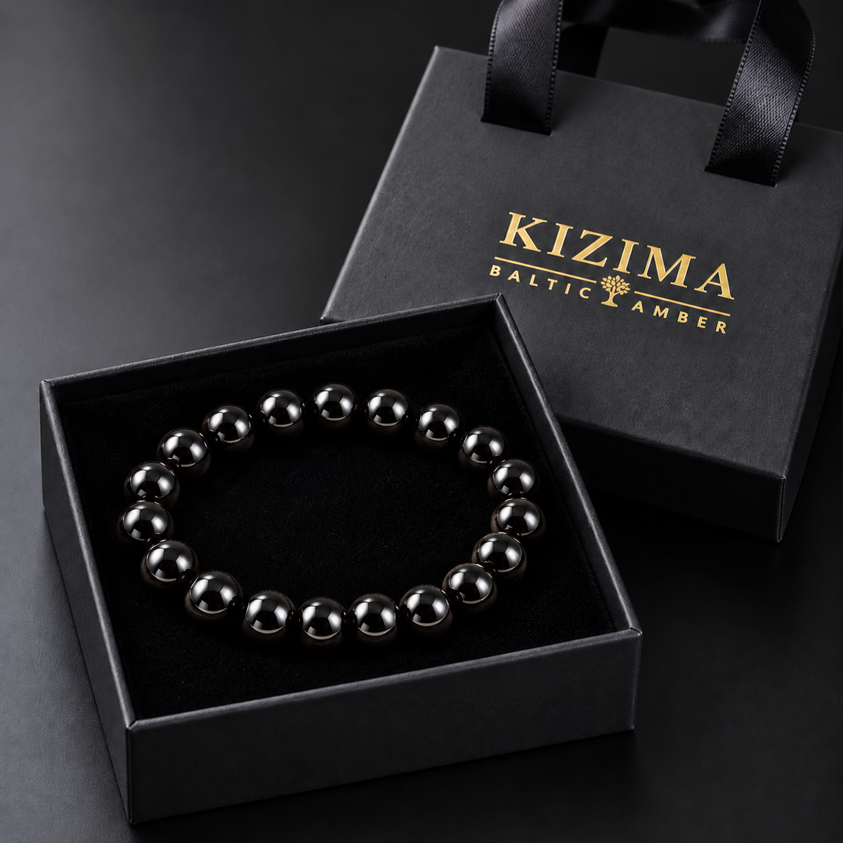 KIZIMA 3KZ0390q13.1 nineteen-bead black amber elastic bracelet in the KIZIMA black velvet gift box