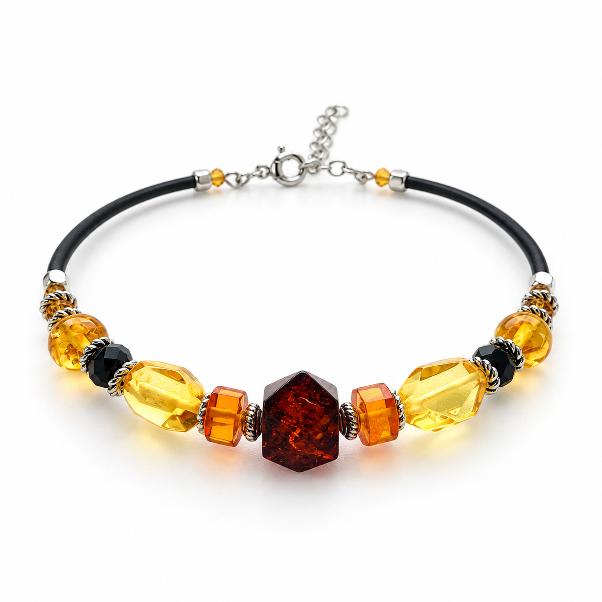 KIZIMA 3M0180q5-1.1 dark cognac and lemon amber bracelet with black cord on a pure white background.