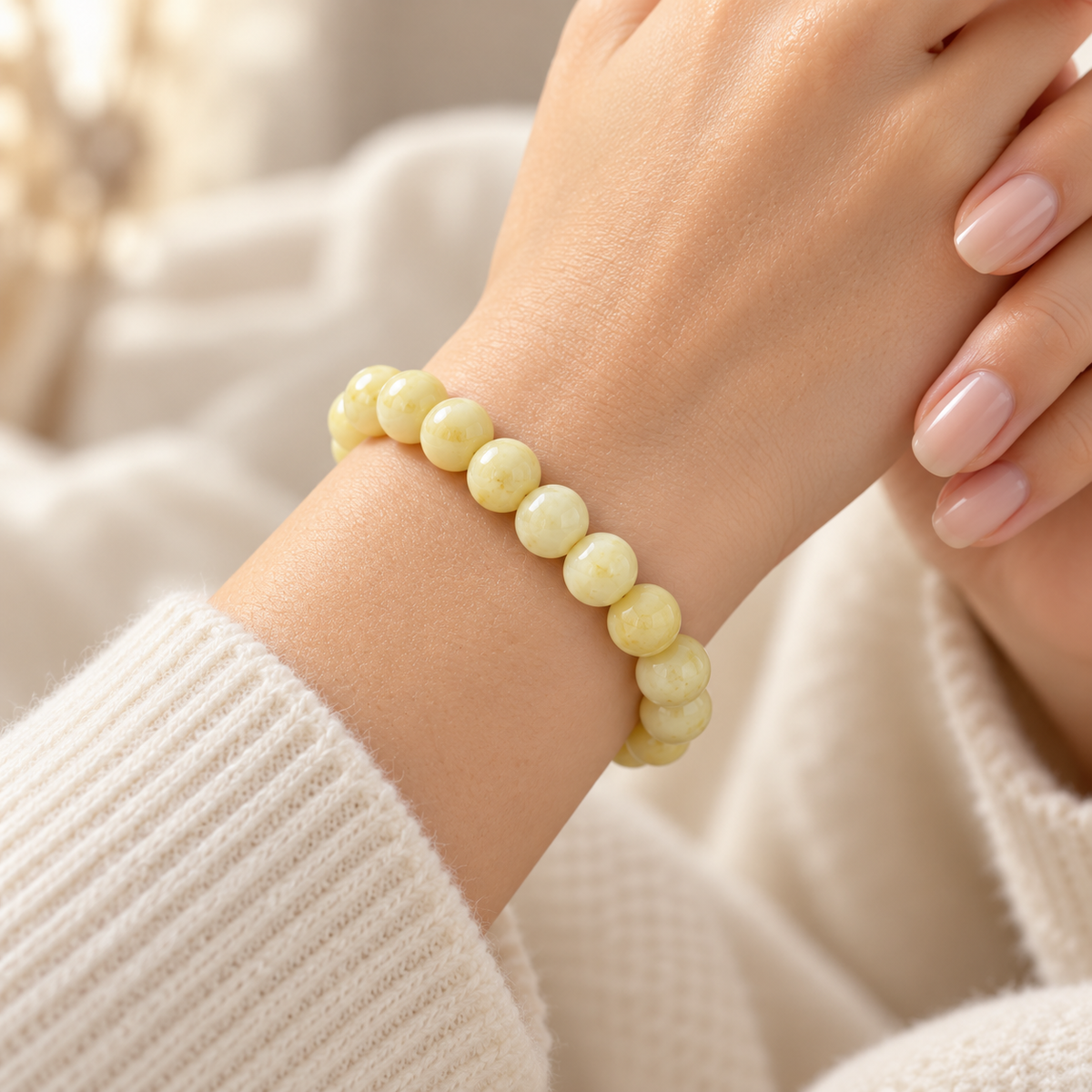 Creamy white amber bead bracelet on an adult woman's graceful wrist with an ivory knit sleeve.
