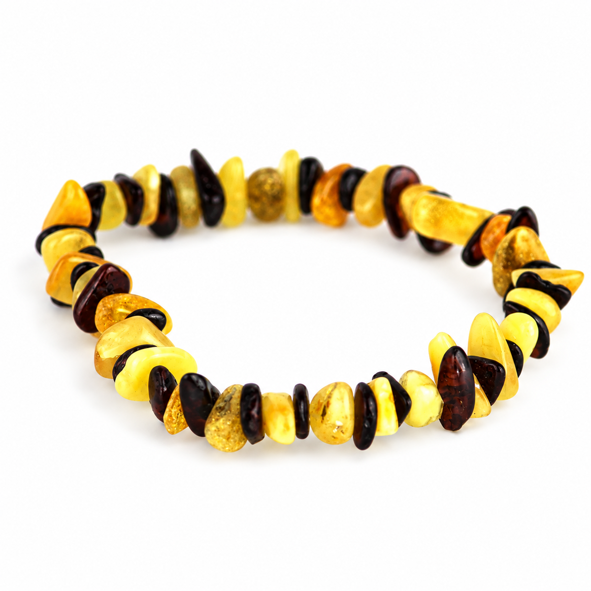 Irregular buttery yellow and dark cherry amber chips arranged in a stretch bracelet on white.