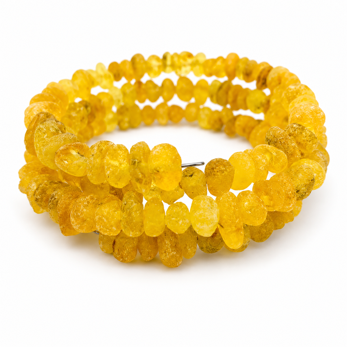 KIZIMA frosted yellow amber three-coil wrap bracelet on a pure white background.