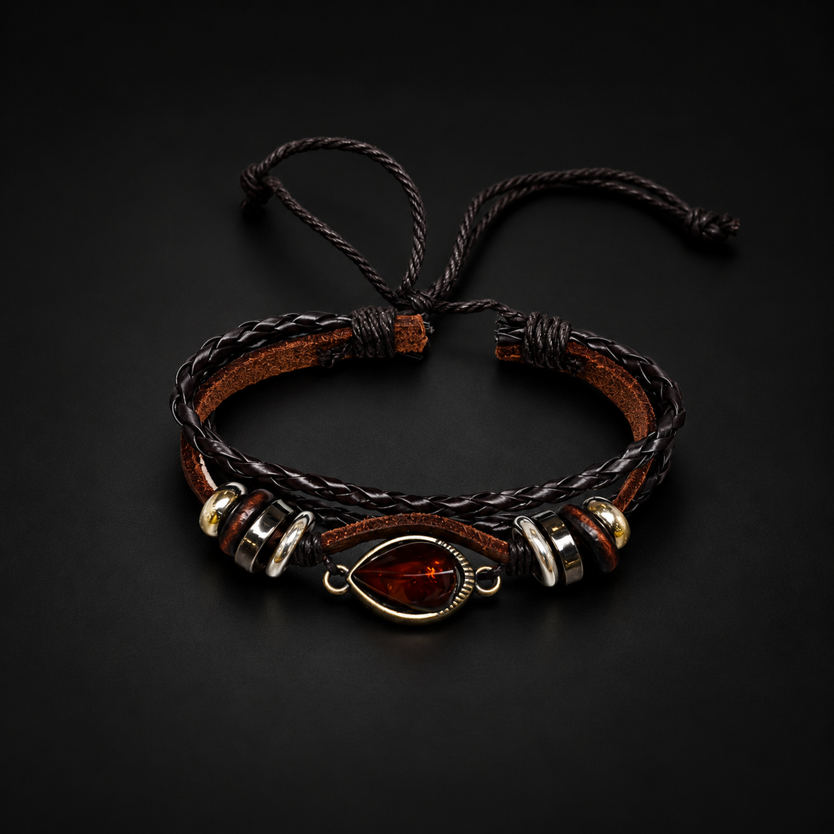 KIZIMA dark amber teardrop and brown braided leather bracelet on a black studio background.