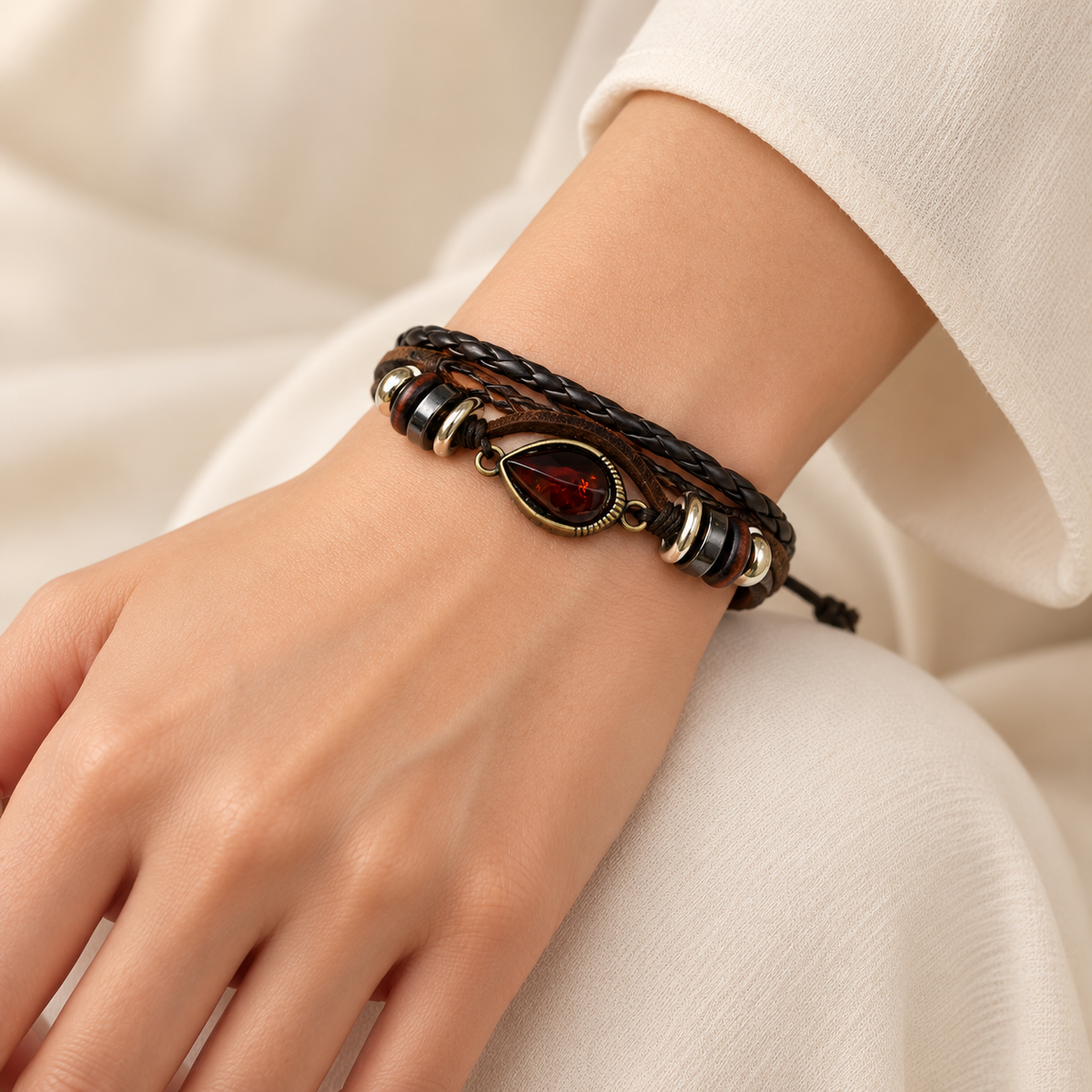 KIZIMA dark amber teardrop and brown braided leather bracelet on a young adult woman's wrist.
