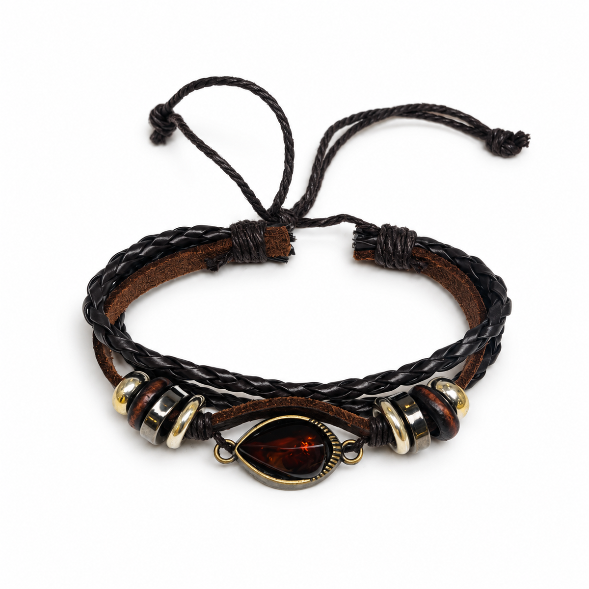 KIZIMA dark amber teardrop and brown braided leather bracelet on a pure white background.