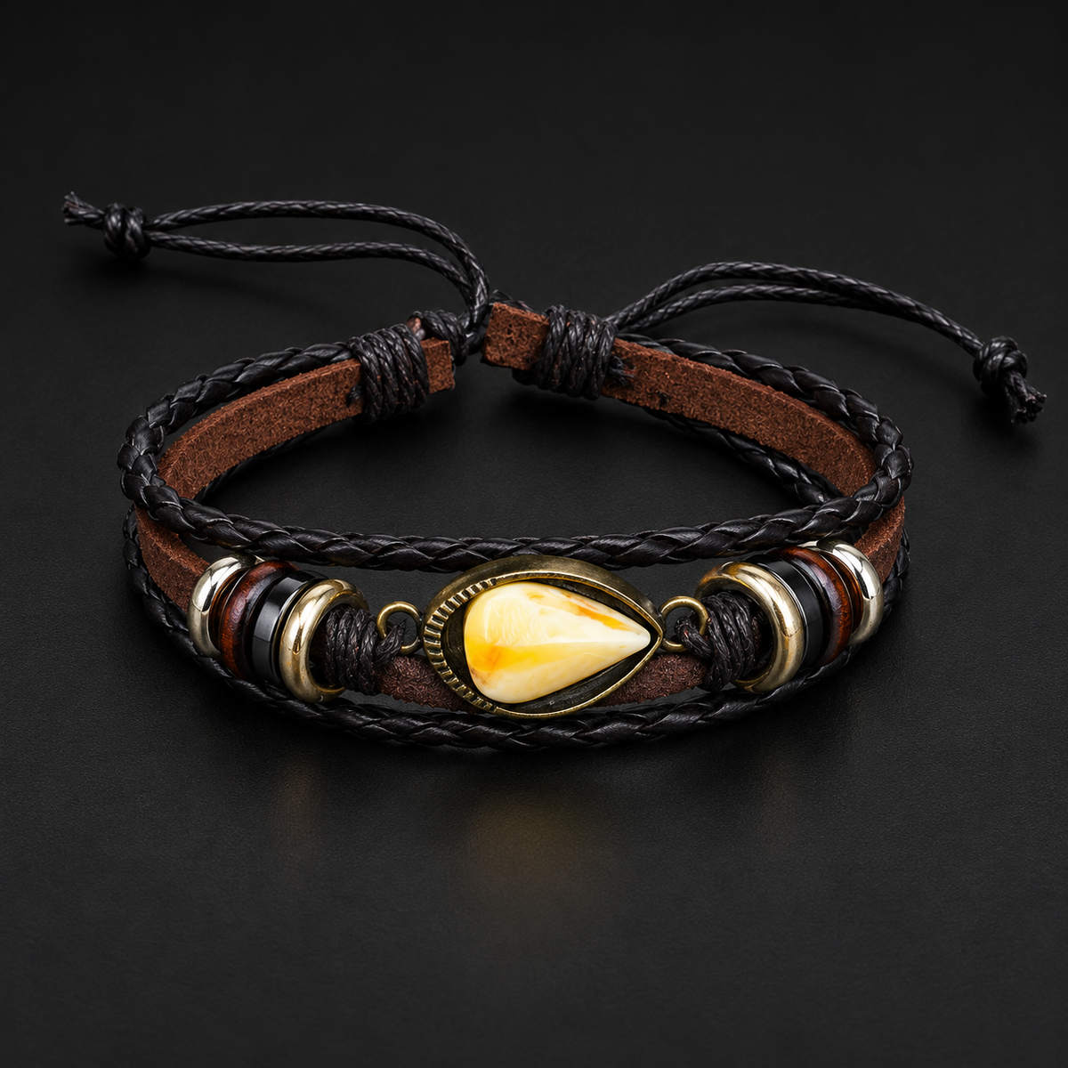 Creamy yellow amber teardrop and layered leather bracelet by KIZIMA photographed in black studio light.