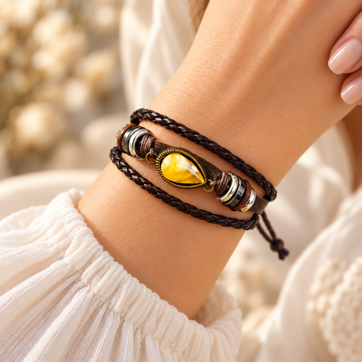 KIZIMA amber teardrop bracelet on a woman's wrist, with braided leather strands and metal ring details.