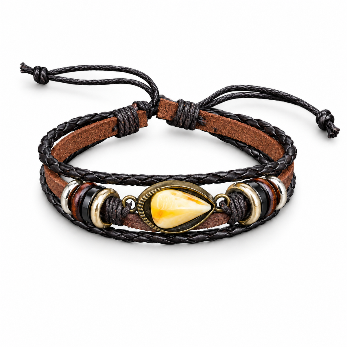 Yellow and cream amber teardrop in an antique-tone frame with brown leather and adjustable ties on white.