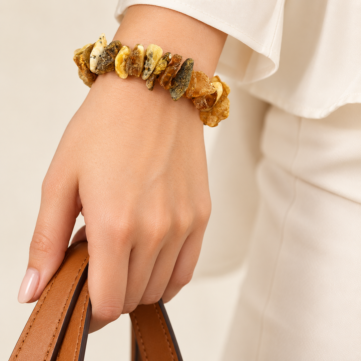 Rough-textured multicolor amber bracelet on a young adult woman's graceful hand and wrist.