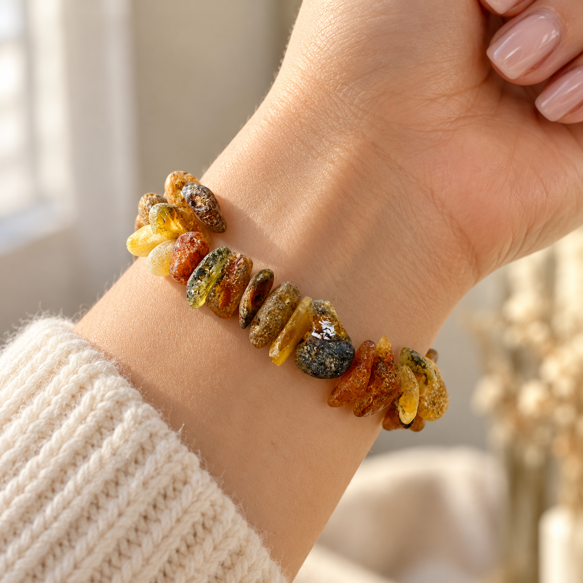 KIZIMA 3N0150q17.16 natural amber chip bracelet with varied honey and mottled tones worn on a woman's wrist