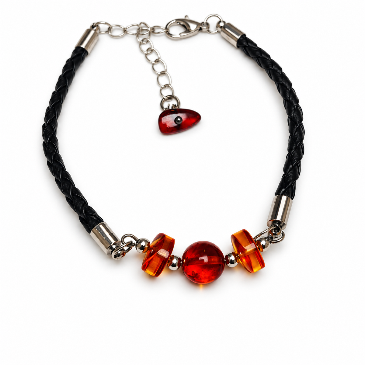 KIZIMA cherry amber three-bead black braided leather bracelet on a pure white background.