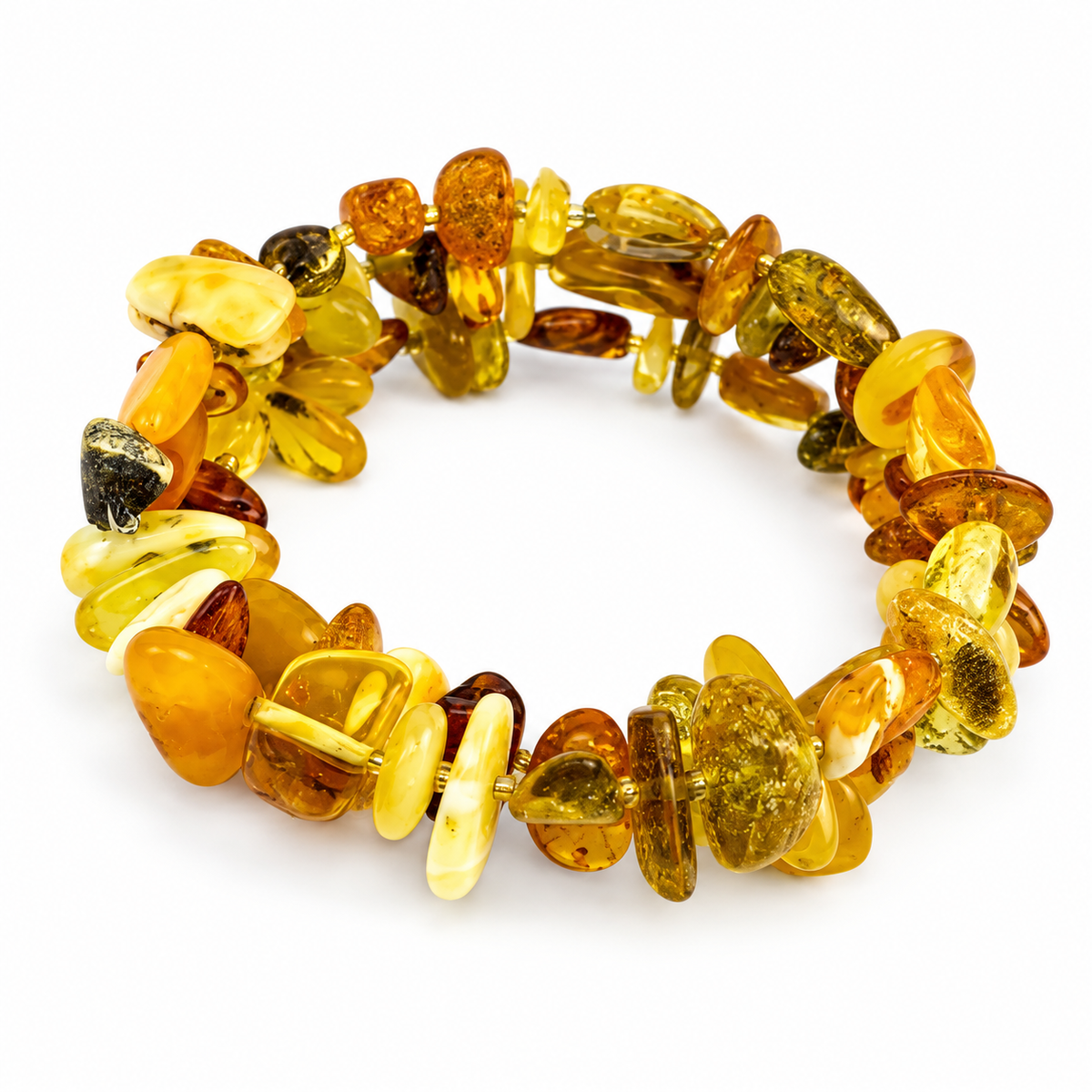 Polished yellow, honey and cognac amber chip spiral bracelet shown on a pure white background.