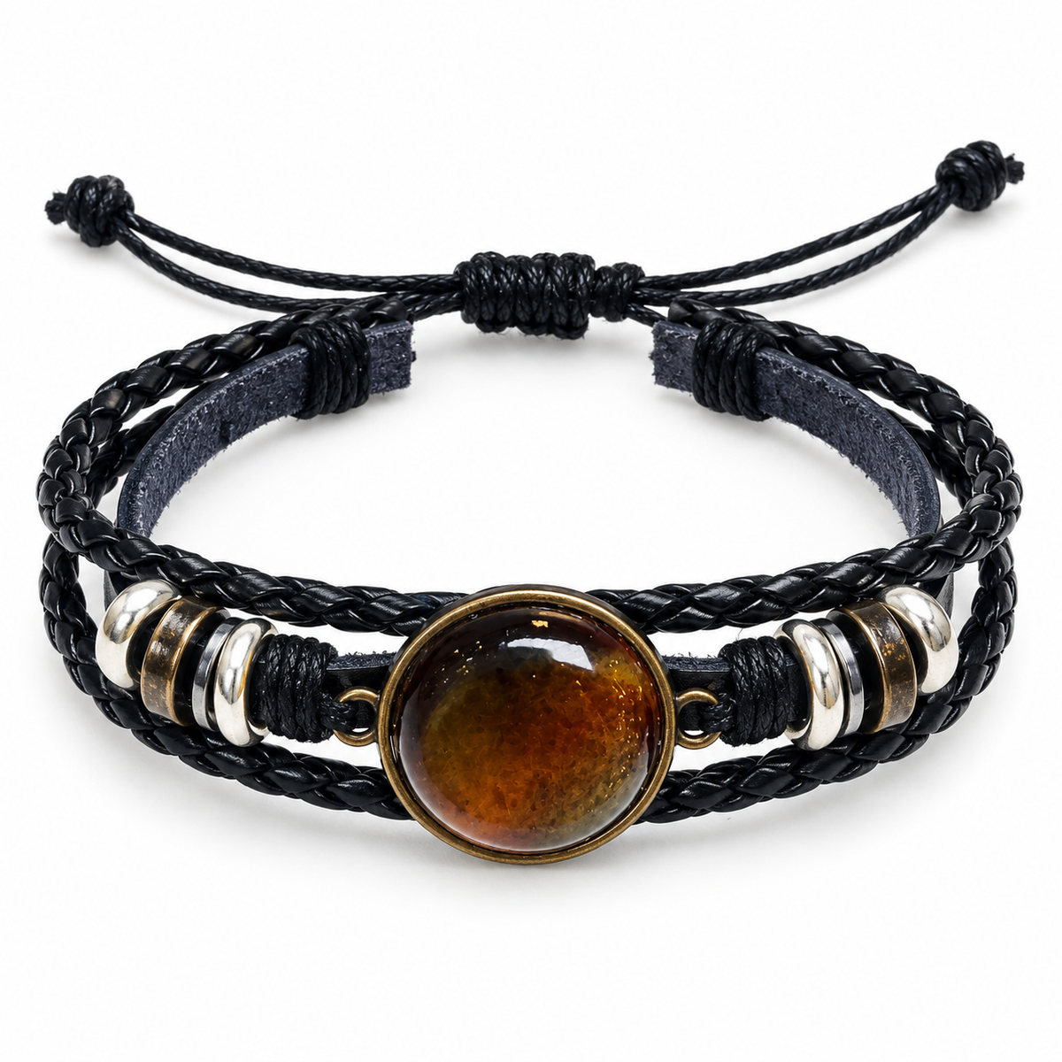 KIZIMA 3N0180q8.4 round cognac amber cabochon multi-strand black leather bracelet on a pure white background