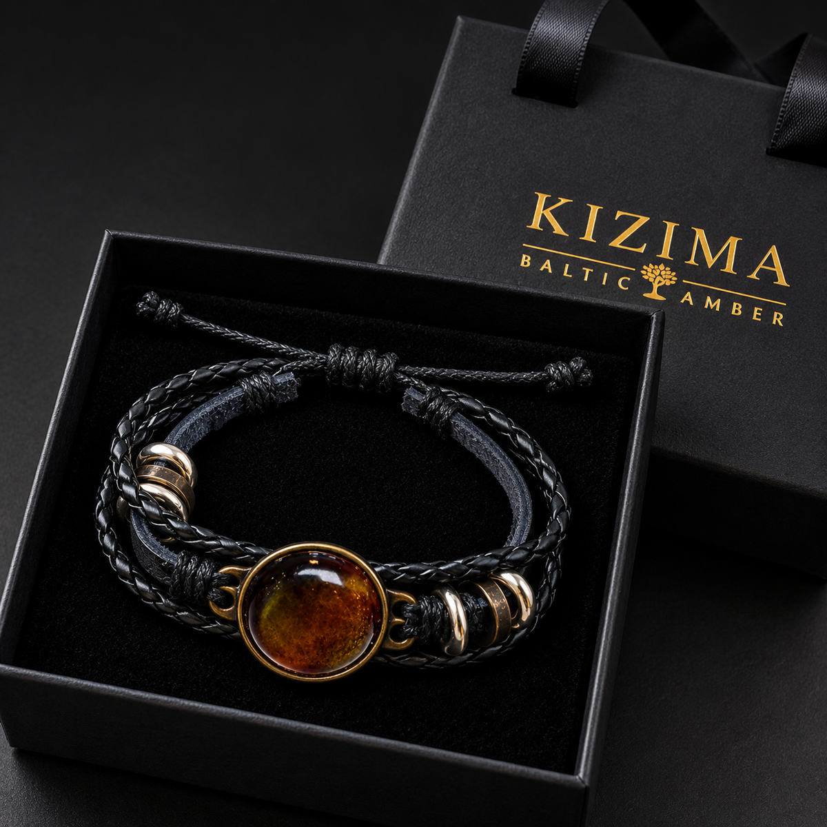 KIZIMA 3N0180q8.4 round cognac amber cabochon multi-strand black leather bracelet in the KIZIMA black velvet gift box