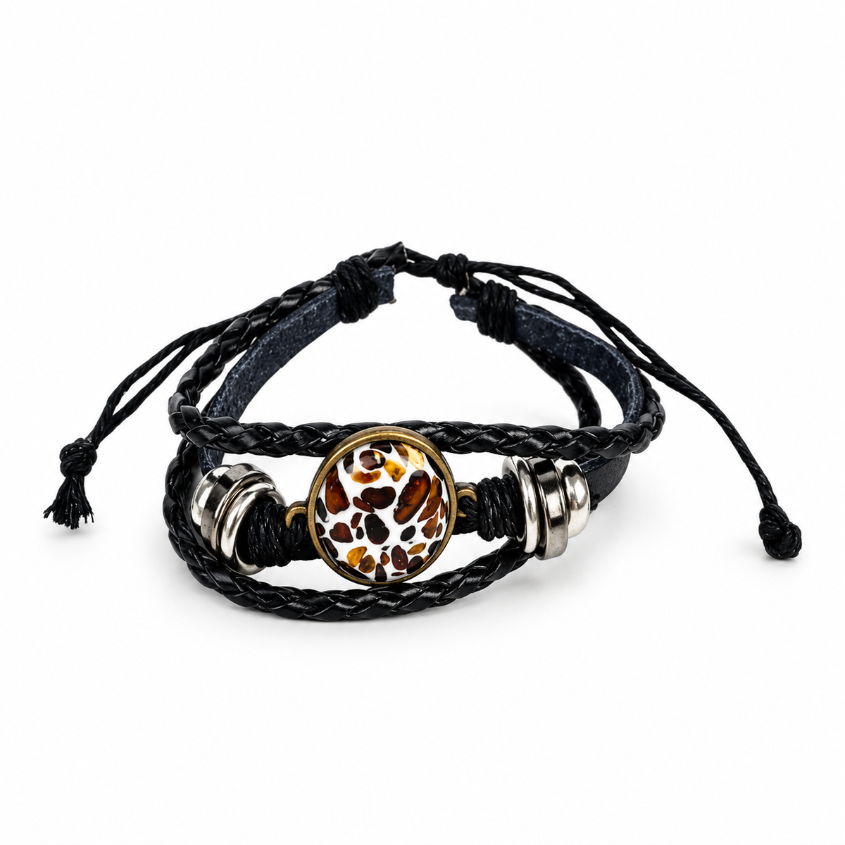 KIZIMA amber mosaic oval and black leather adjustable bracelet on a pure white background.