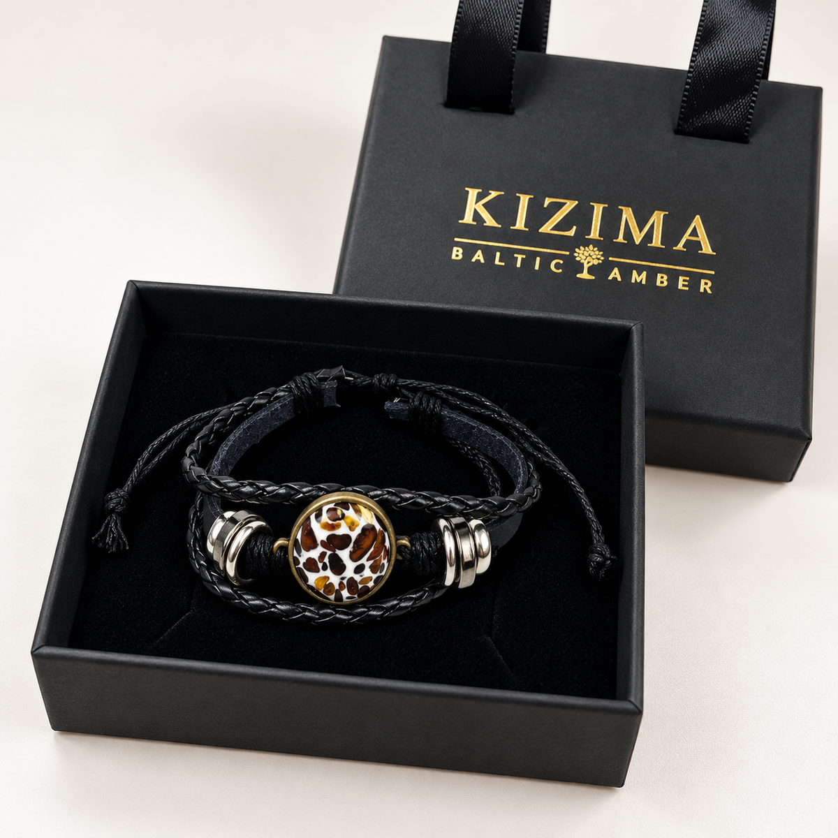 KIZIMA amber mosaic oval and black leather adjustable bracelet in a KIZIMA gift box.