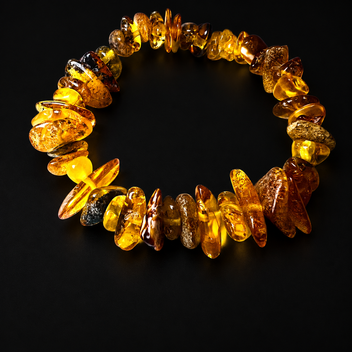 KIZIMA 3N0200q14.80 irregular honey and cognac amber chip stretch bracelet on a black studio surface